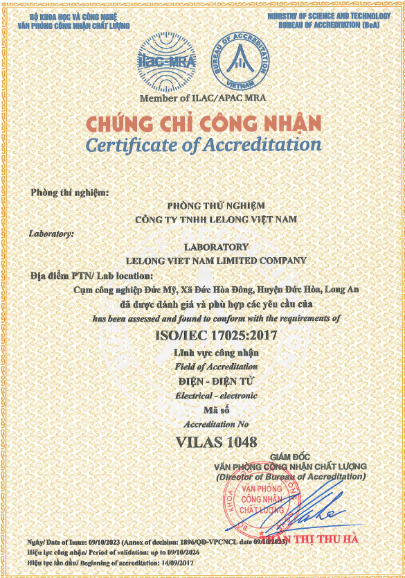 The laboratory at the Vietnam facility continuously maintains the ISO 17025:2017 system certification.