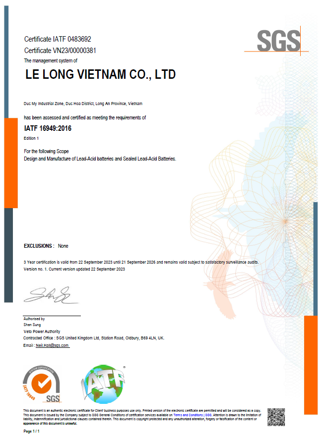 The Vietnam facility has obtained the IATF 16949:2016 automotive industry quality management system certification.