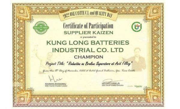 KUNG LONG Batteries won the CHAMPION in 2022 Supplier KAIZEN Competition held by Schneider Electric